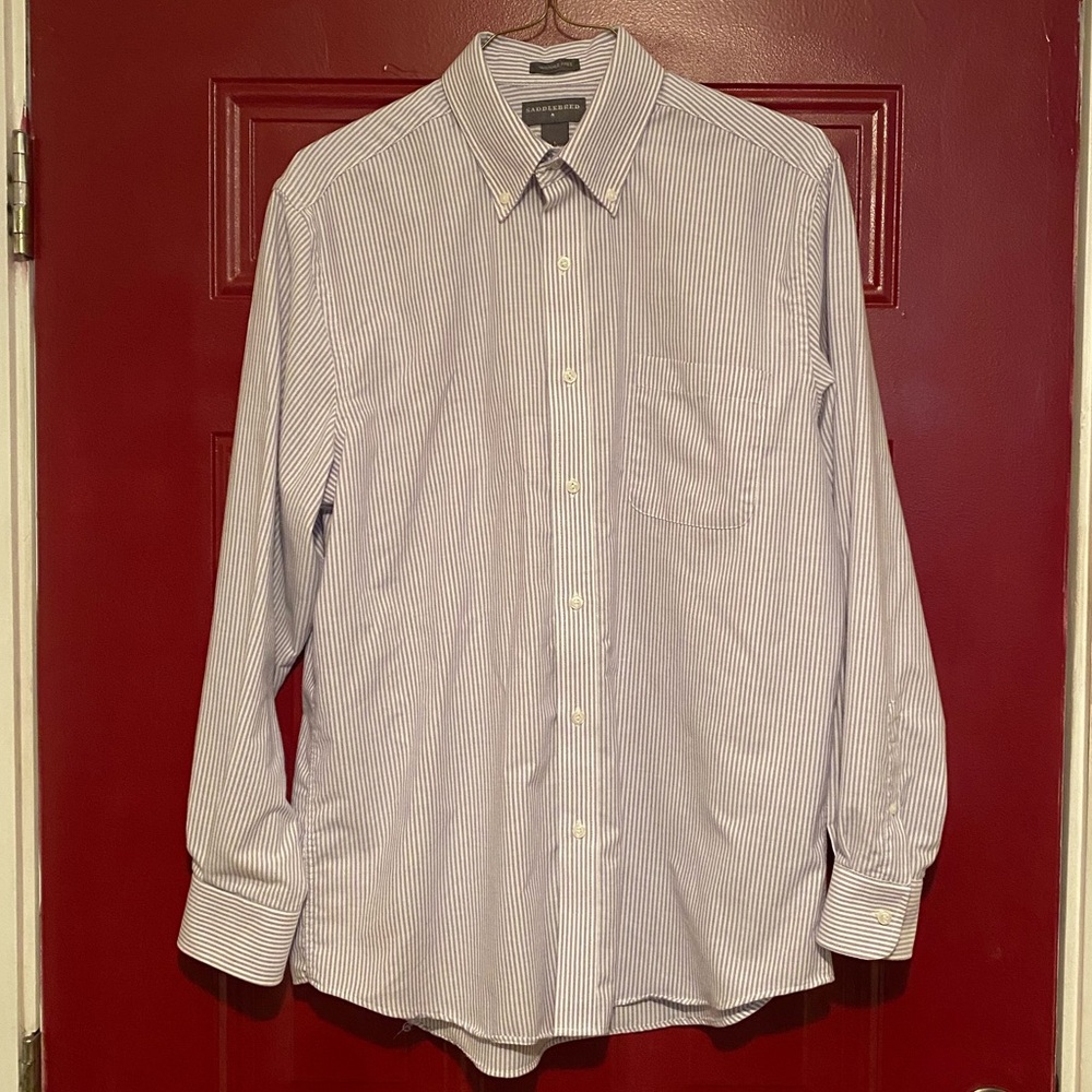 Men’s Saddlebred Wrinkle Free Button Down Shirt White/Purple Pinstripe